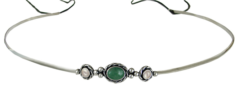 Sterling Silver Renaissance Style Headpiece Circlet Tiara With Jade And Cultured Freshwater Pearl